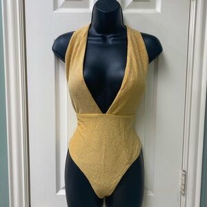 Lulus Summer Days Marigold Sparkly Halter One-Piece Swimsuit Size Large